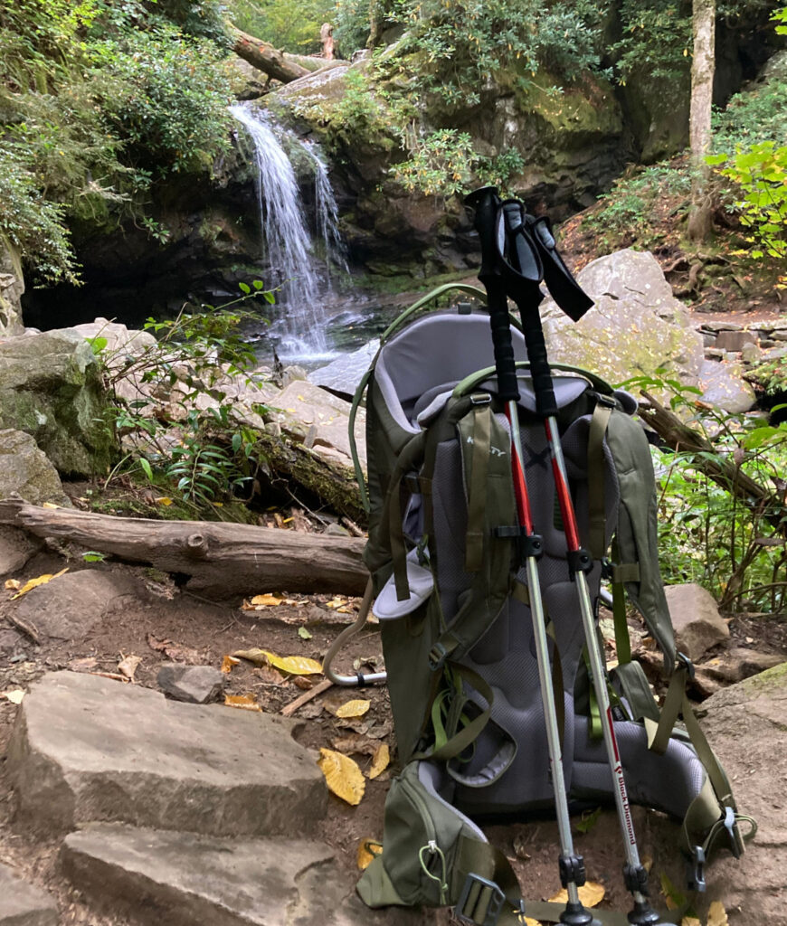 kelty backpack carrier and hiking poles, grotto falls great smoky mountains